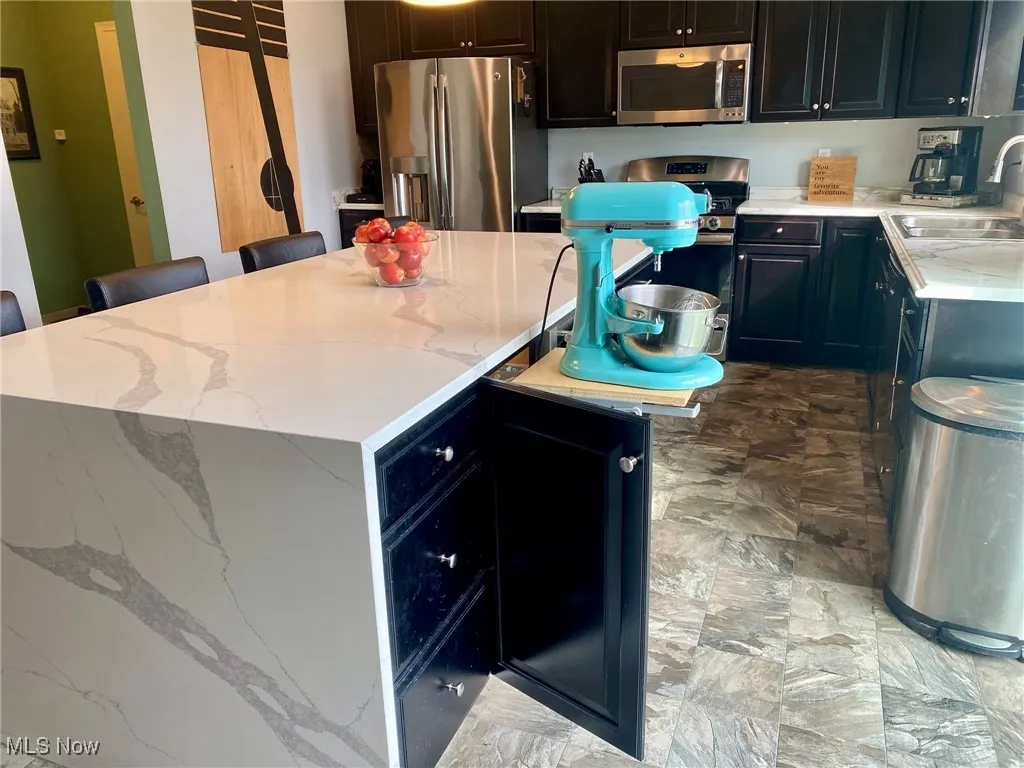 Island Cabinet has built-in lift for mixer.