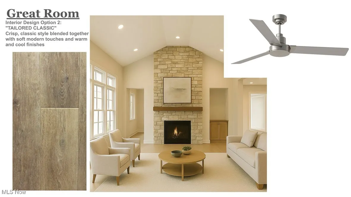 Living area with a fireplace, lofted ceiling, ceiling fan, wood finished floors, and recessed lighting