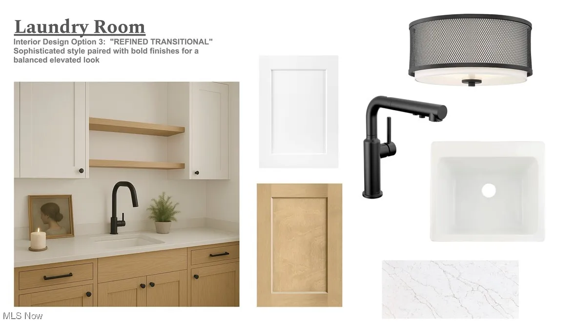 Kitchen with open shelves and light countertops