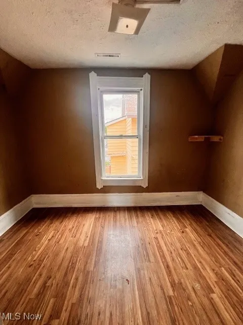 Additional living space featuring wood finished floors and a textured ceiling