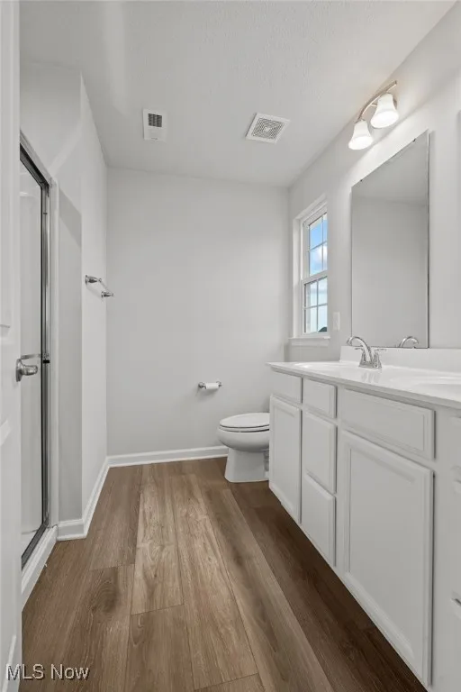 Bathroom with wood finished floors, a shower with shower door, vanity, and a textured ceiling