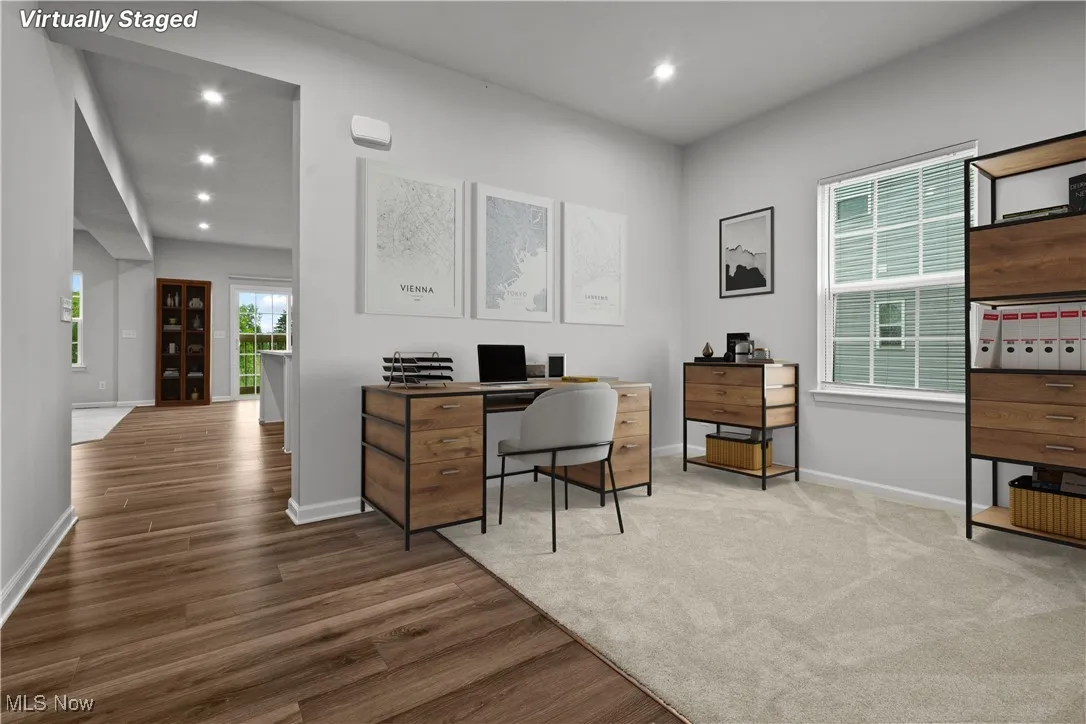 Office area with recessed lighting and wood finished floors