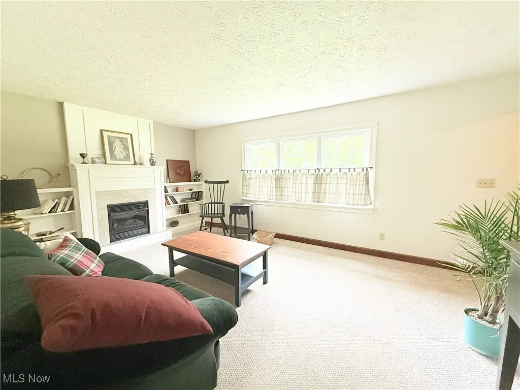 Living area with carpet flooring, a fireplace, and a textured ceiling