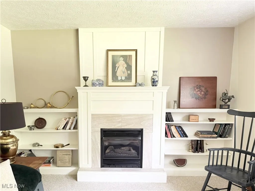 Carpeted living area with a fireplace