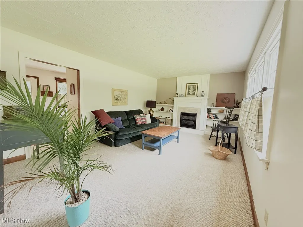 Living room with carpet flooring, a fireplace, and a textured ceiling