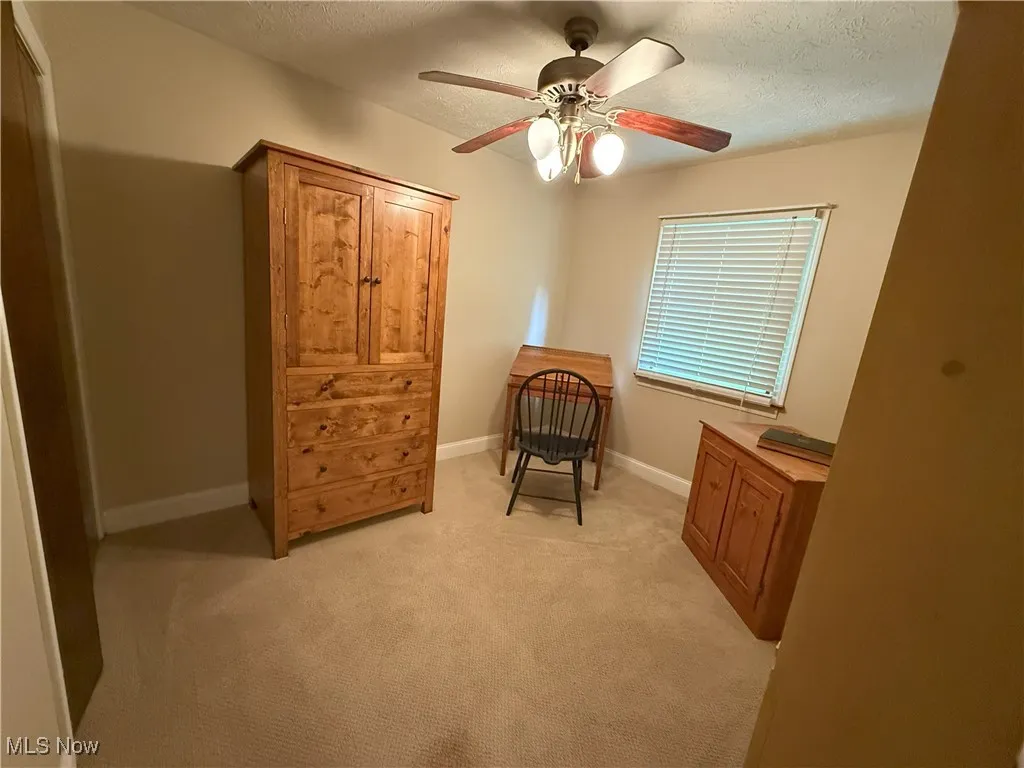 Living area with a textured ceiling, a ceiling fan, and light colored carpet
