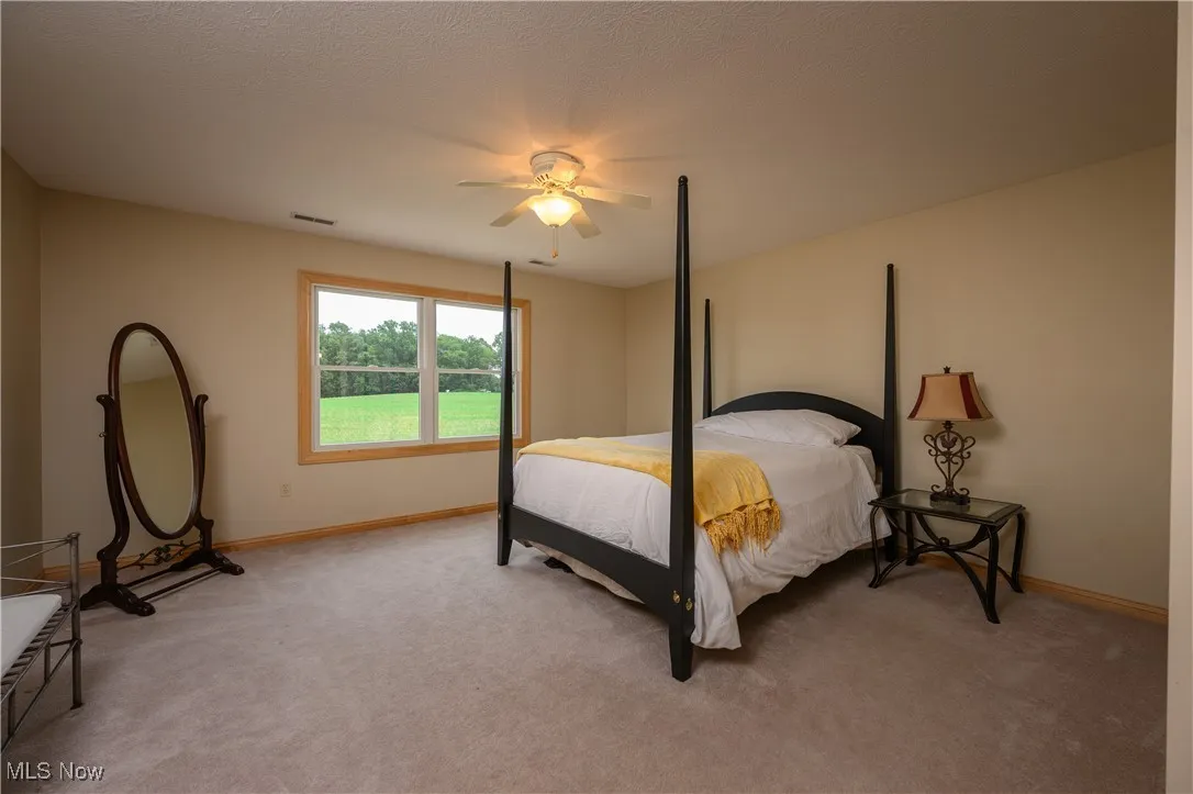 Bedroom featuring light colored carpet and a ceiling fan