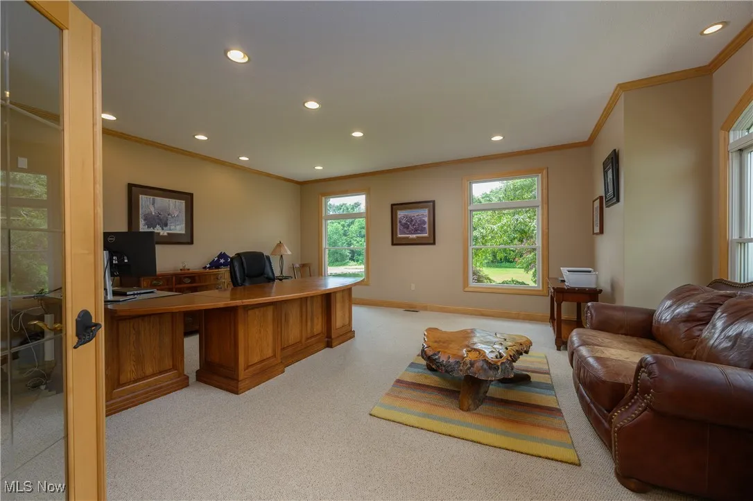Office featuring ornamental molding, recessed lighting, and light carpet