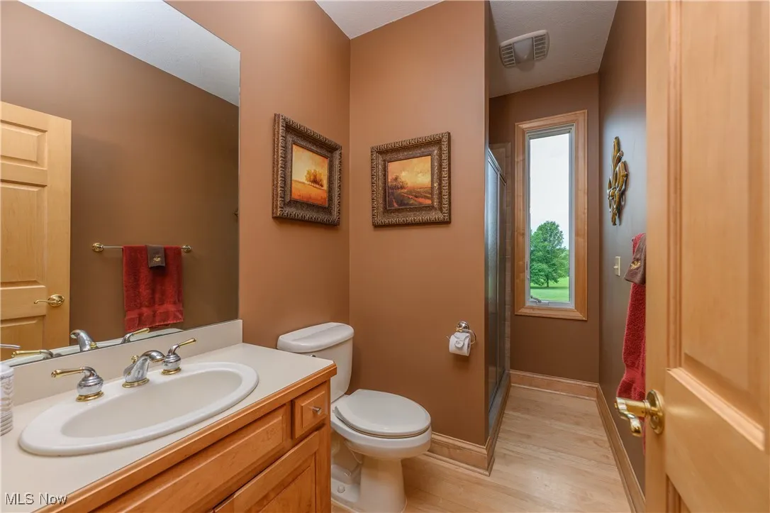 Full bath with a stall shower, wood finished floors, and vanity