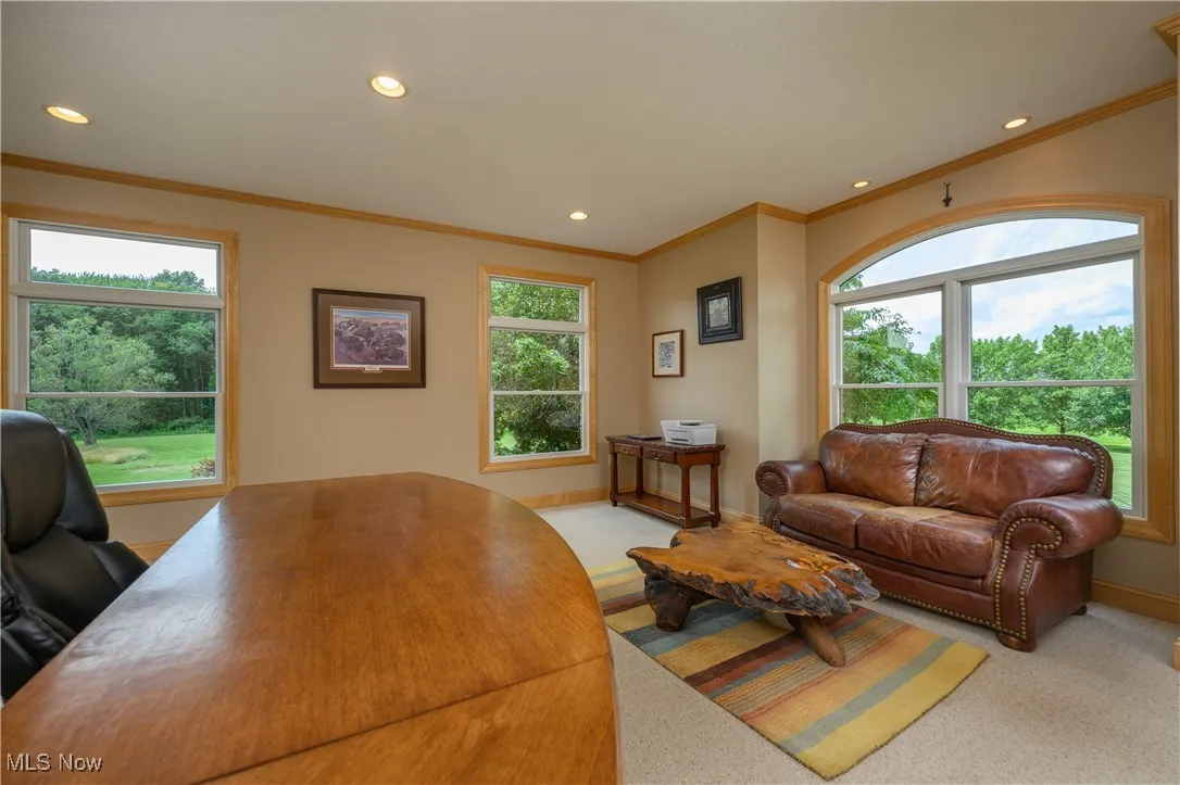 Living room featuring crown molding, recessed lighting, a desk, and light carpet