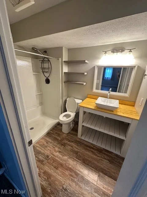 Bathroom with wood finished floors, a stall shower, vanity, and a textured ceiling