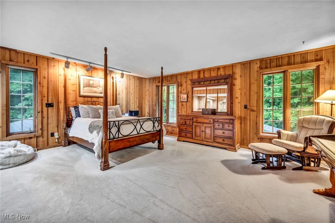 Bedroom with wooden walls, carpet, and multiple windows