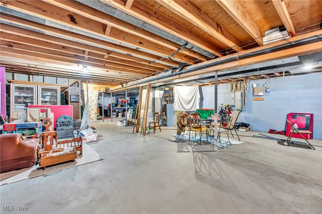 Unfinished basement featuring gas water heater and electric panel