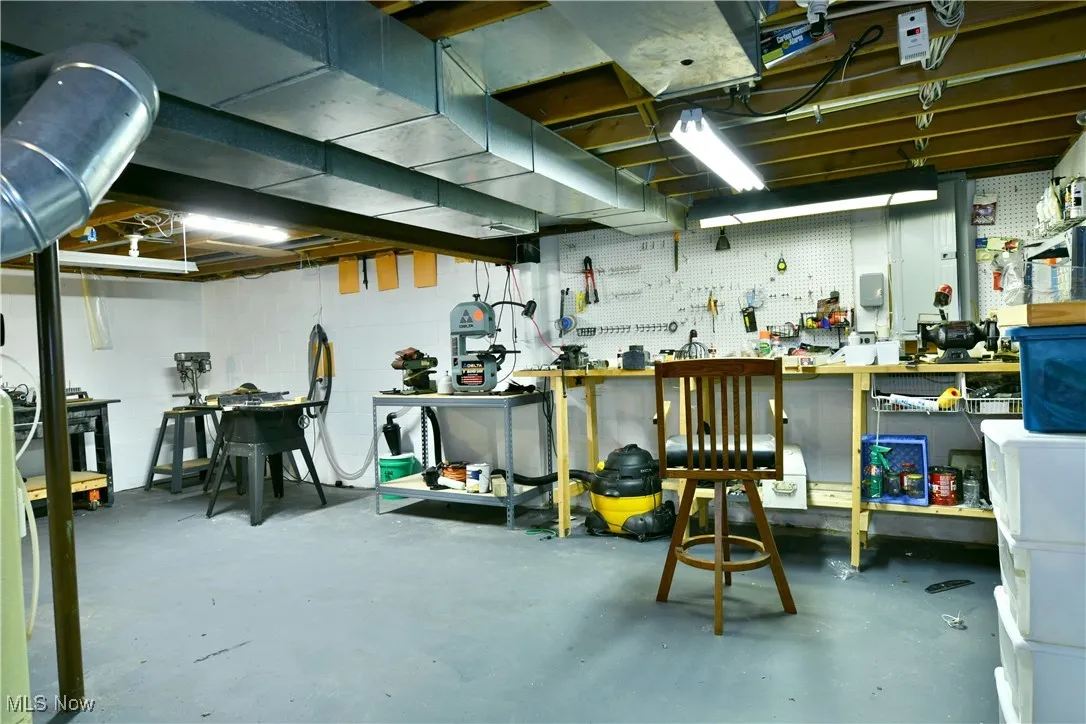 Basement with a workshop area