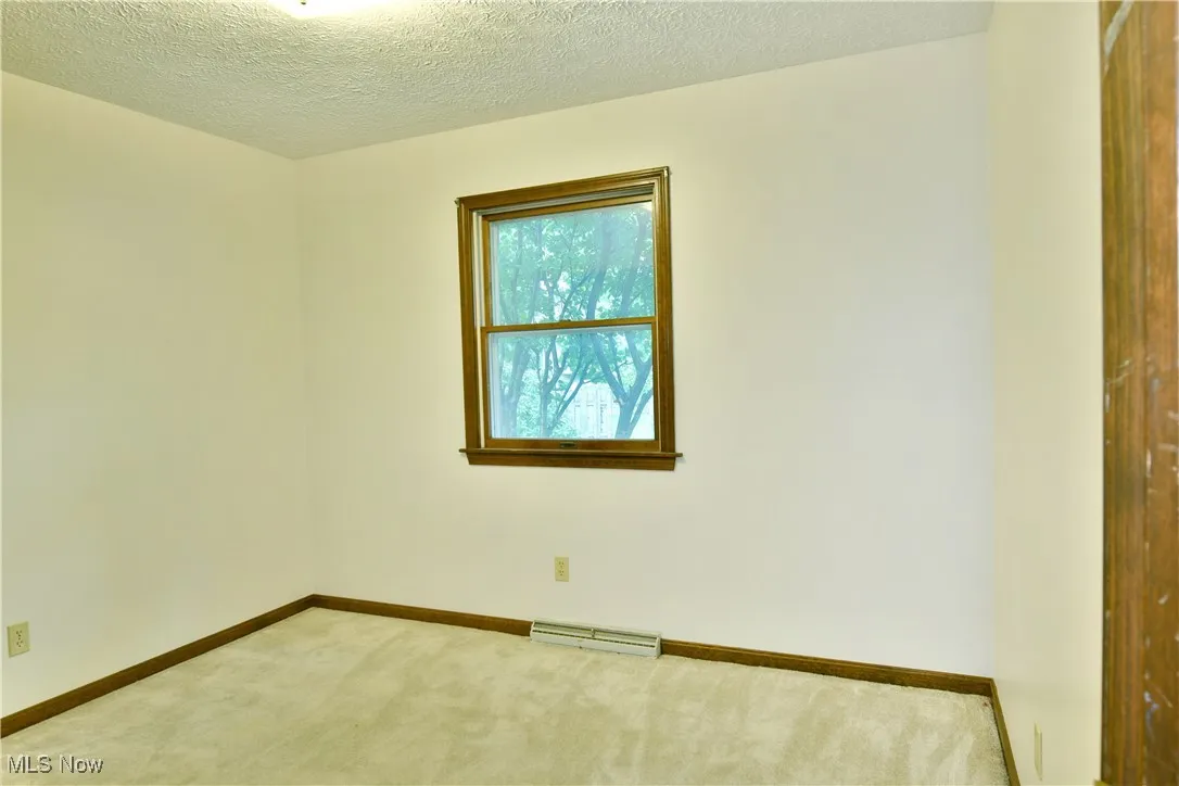 Carpeted spare room featuring baseboard heating and a textured ceiling