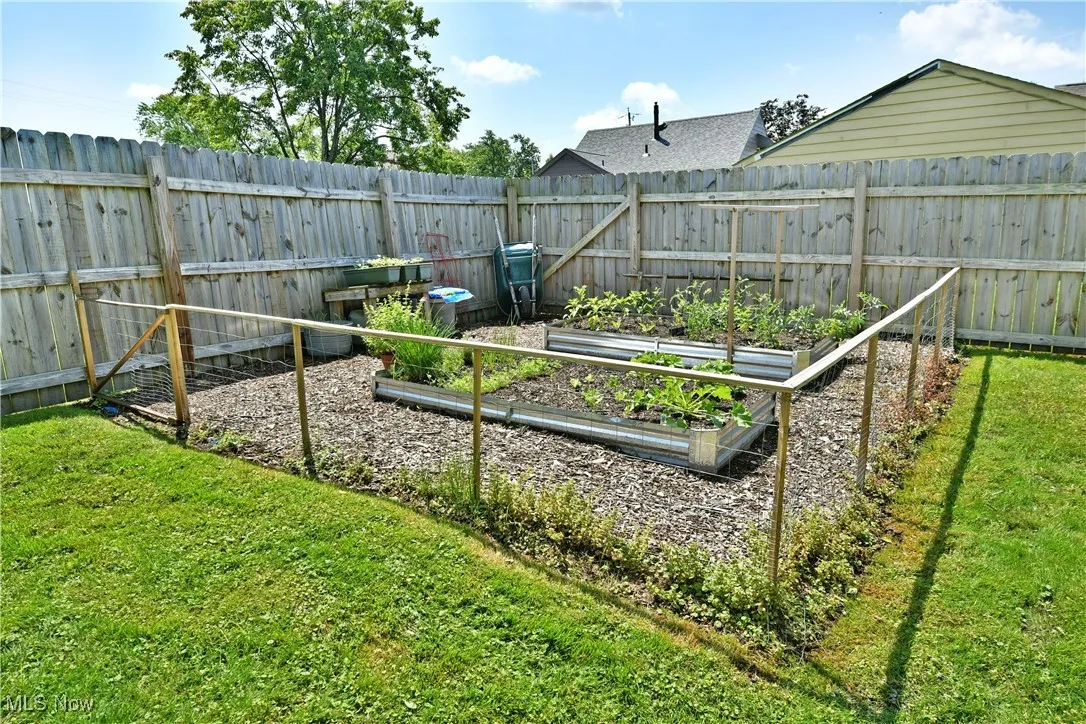 Fenced backyard with a garden