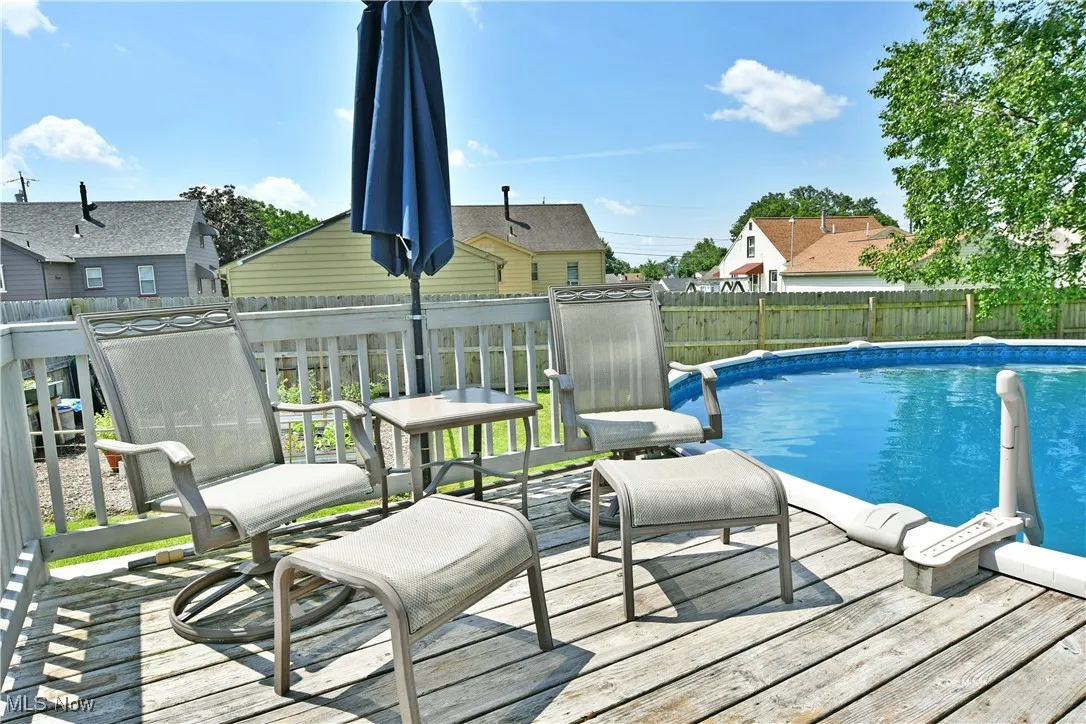 View of pool featuring a wooden deck and a fenced backyard