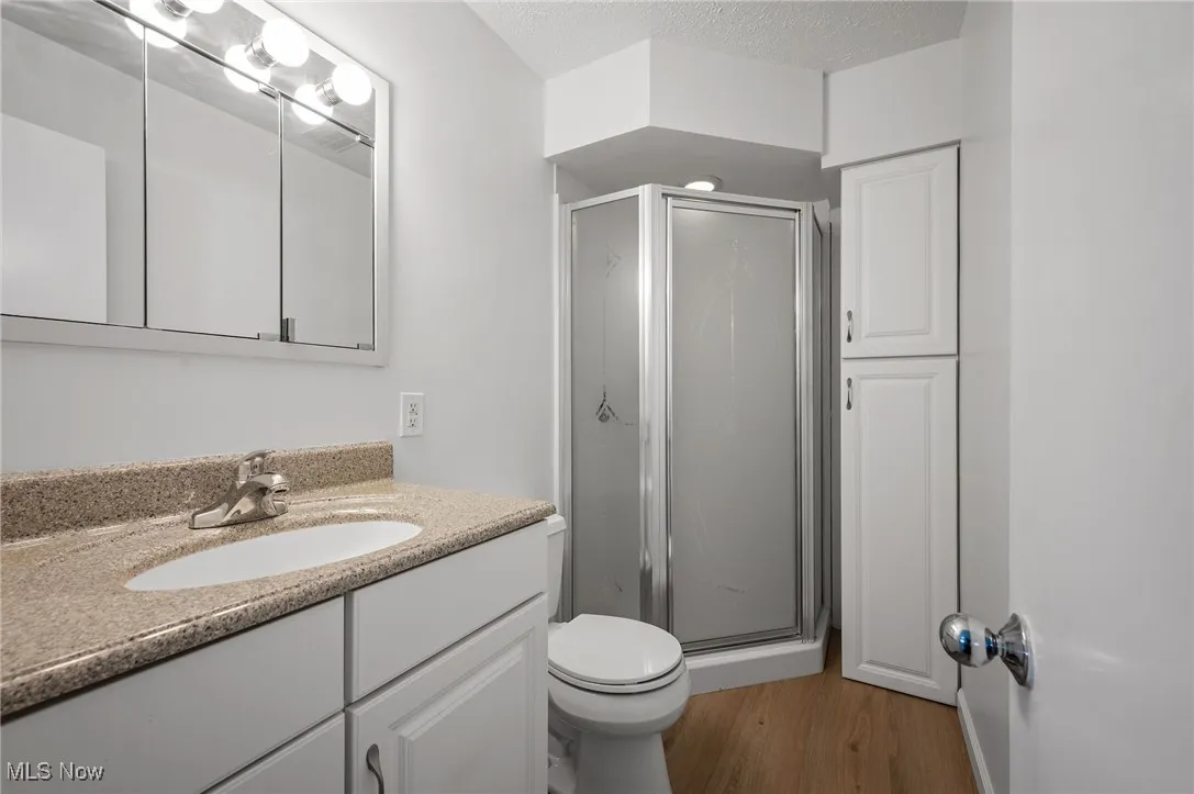 Bathroom featuring a shower stall, vanity, and wood finished floors