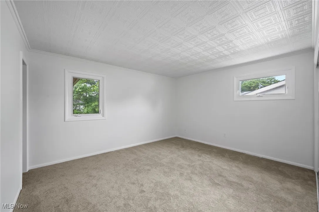 Unfurnished room with carpet floors, plenty of natural light, and crown molding