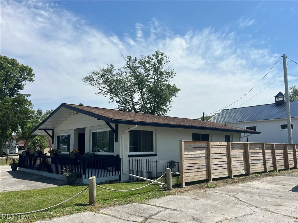 Ranch-style house with a fenced front yard and roof with shingles