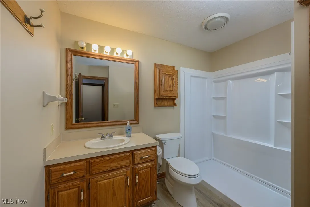 Bathroom with vanity, a shower, and wood finished floors