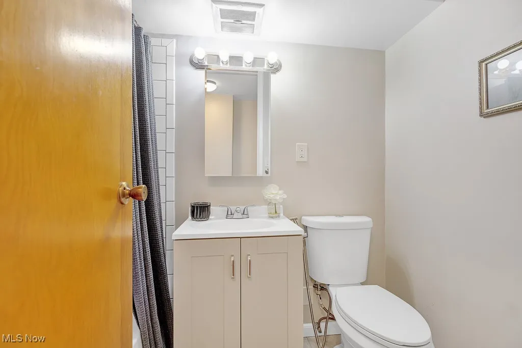 Full bathroom with vanity and a shower with curtain
