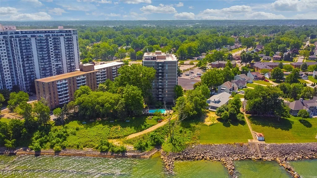 Aerial view of a nearby body of water