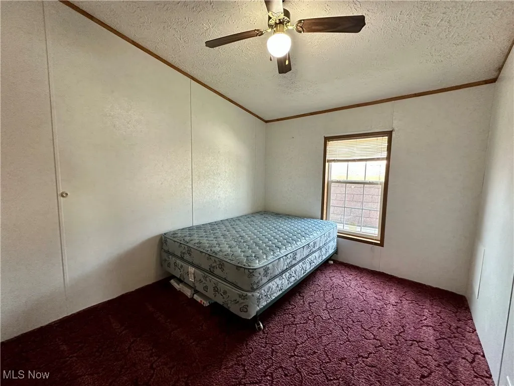Bedroom with ornamental molding, a textured ceiling, carpet flooring, and a ceiling fan