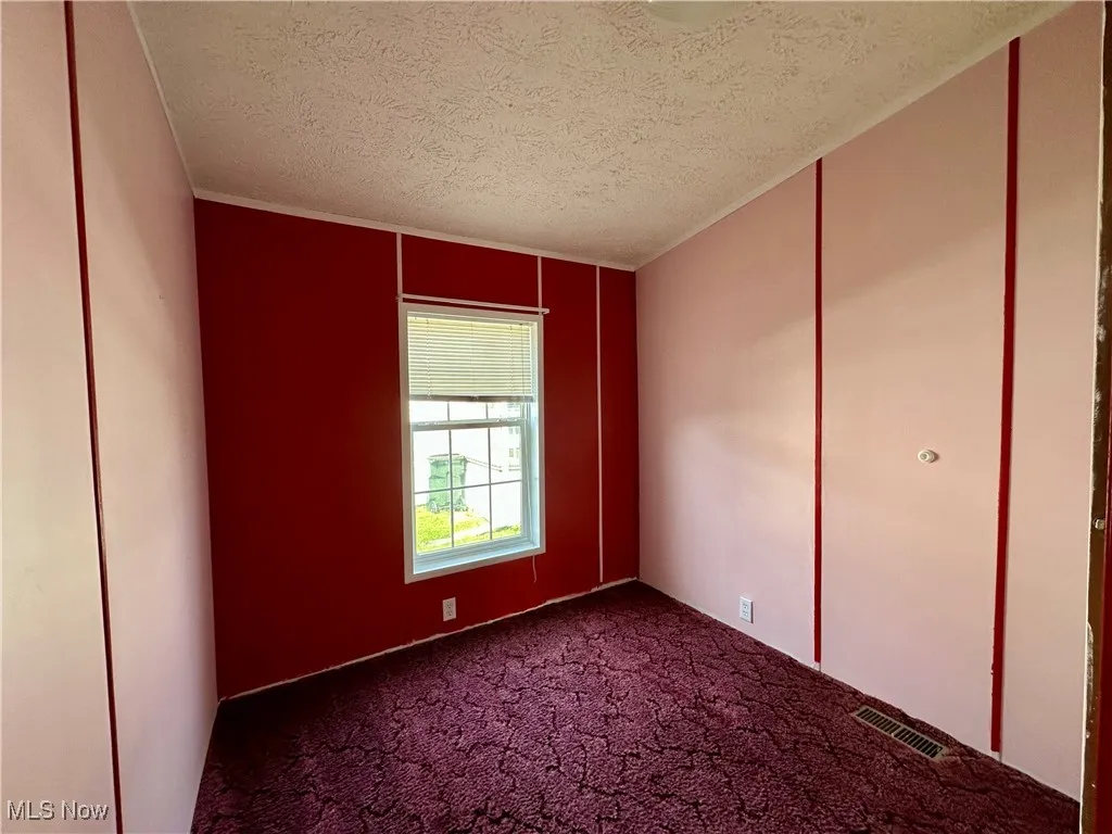 Empty room featuring a textured ceiling and carpet floors