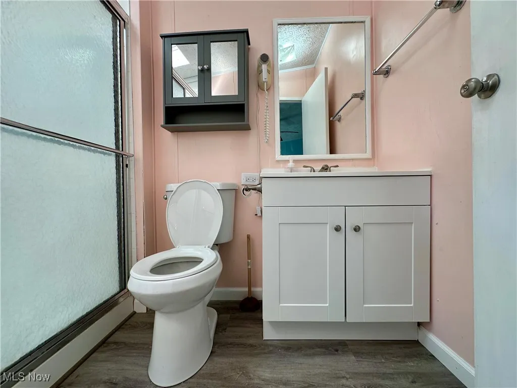 Full bathroom featuring vanity, toilet, baseboards, and wood finished floors