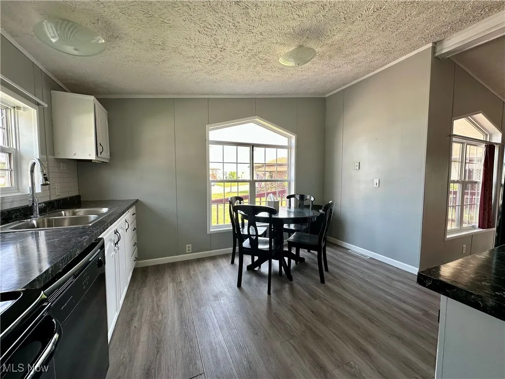 Kitchen featuring a sink, dark countertops, crown molding, dark wood-type flooring, and dishwasher
