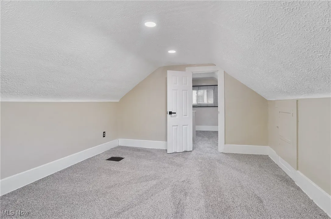 Bonus room with a textured ceiling, carpet floors, and lofted ceiling