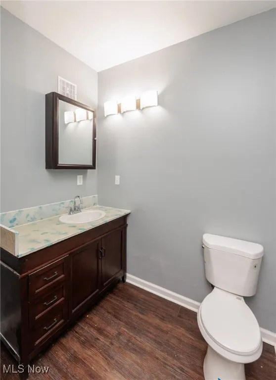 Bathroom with wood finished floors and vanity
