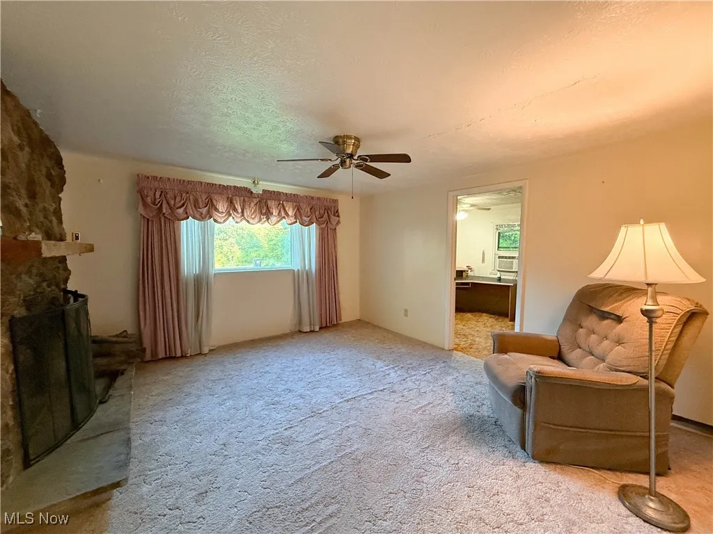 Living area with a ceiling fan and carpet