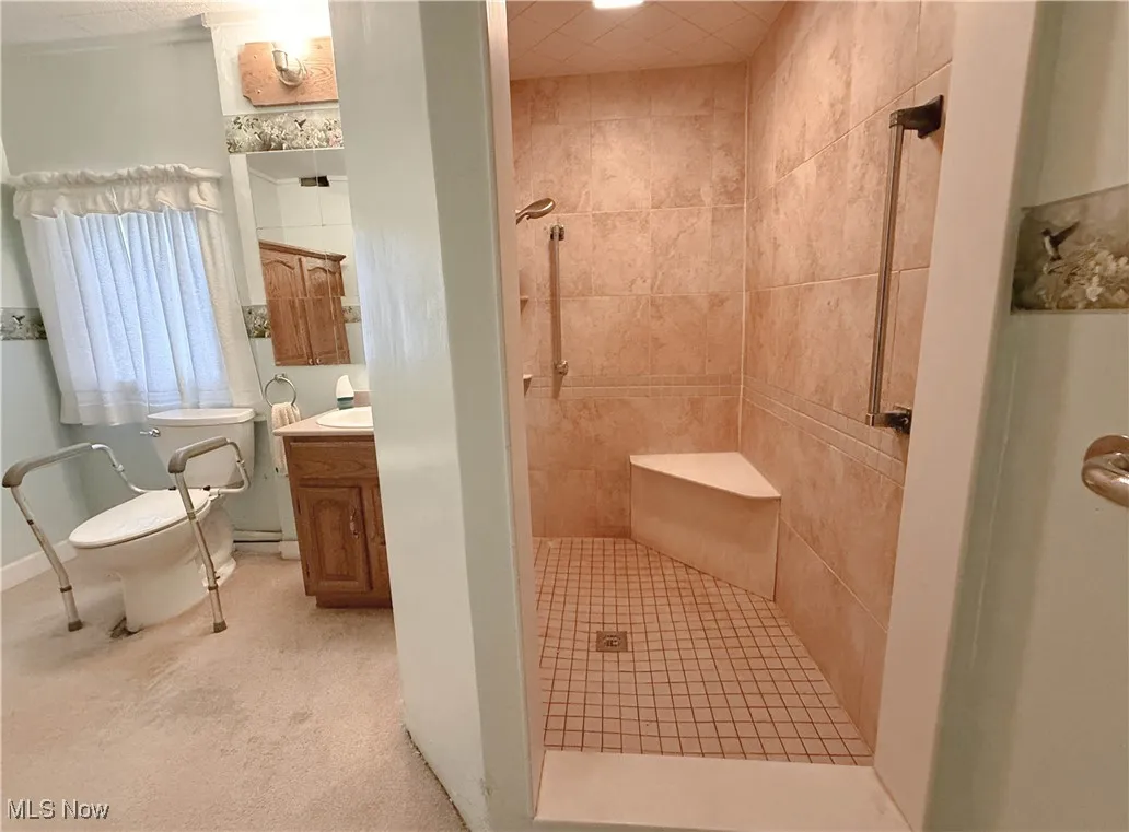 Bathroom featuring a tile shower and vanity