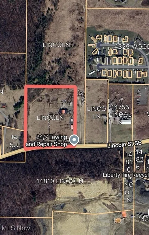 Aerial view of property's location with property parcel outlined