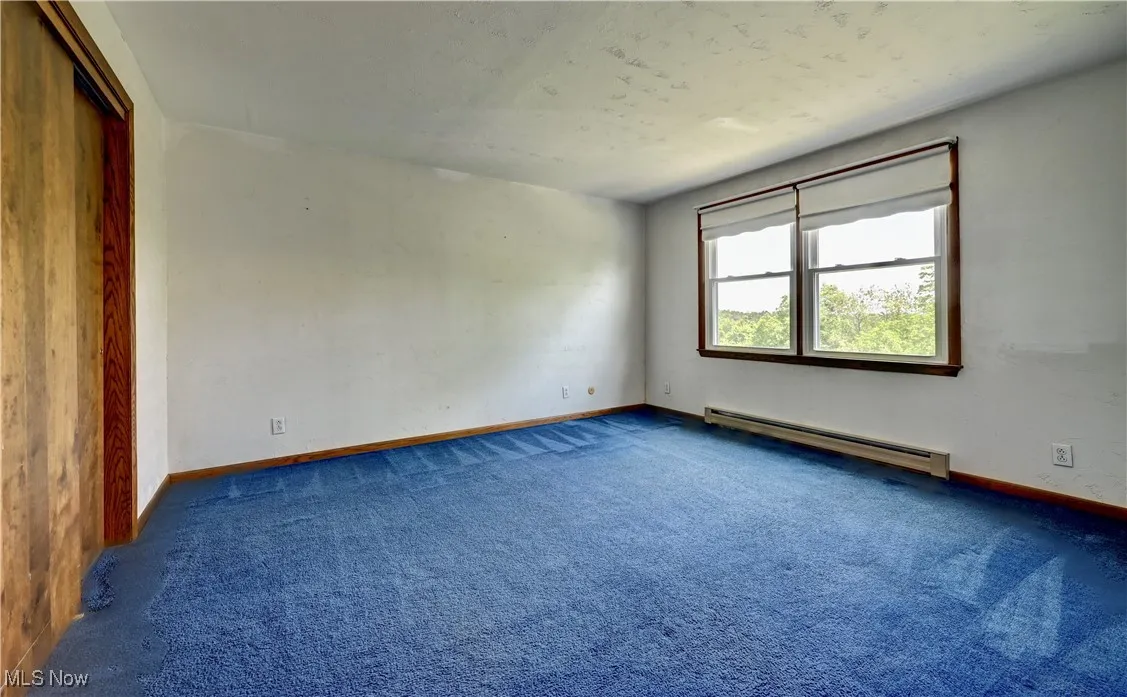 Carpeted spare room with baseboard heating and baseboards