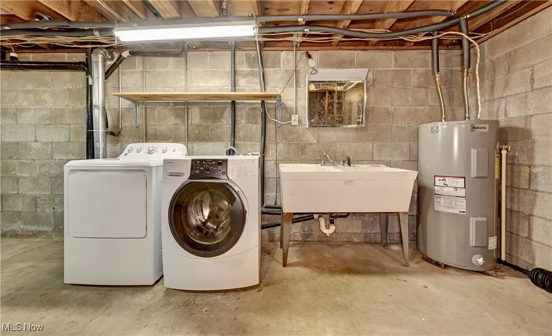 Laundry area with water heater and washing machine and dryer