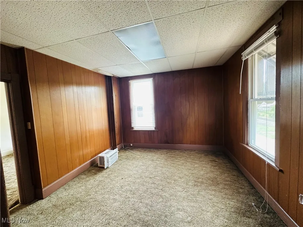 Spare room with light carpet, wooden walls, and a drop ceiling