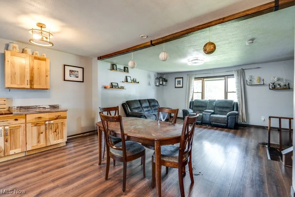 Dining area with dark wood-style flooring and a textured ceiling