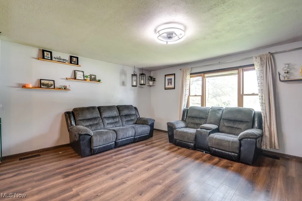 Living room featuring wood finished floors and a textured ceiling