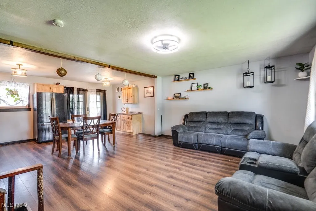 Living area with dark wood-style flooring and a textured ceiling