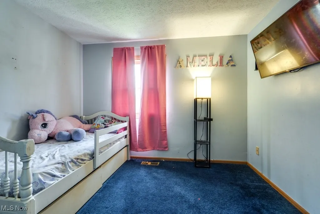Bedroom featuring carpet flooring and a textured ceiling