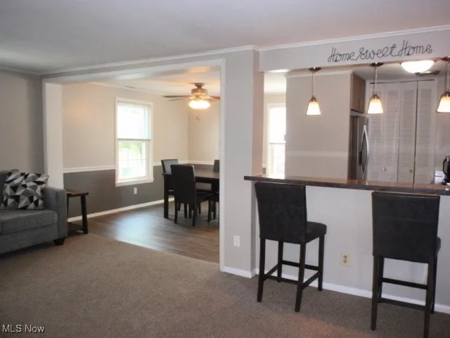 Breakfast bar is open to the living room and kitchen
