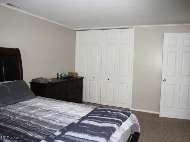 Carpeted bedroom with a closet and crown molding