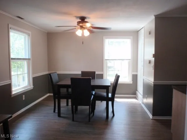 Dining area with ceiling fan