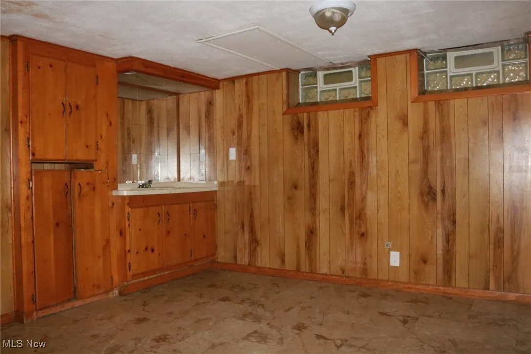 Finished basement featuring wooden walls