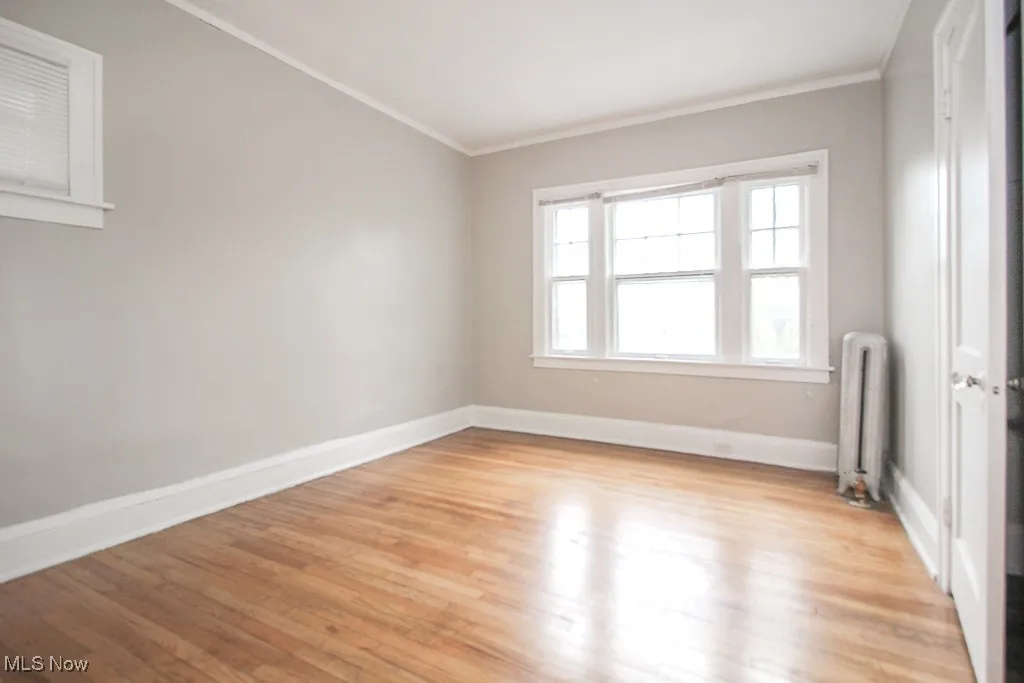 Spare room featuring ornamental molding, radiator heating unit, and light wood-style floors