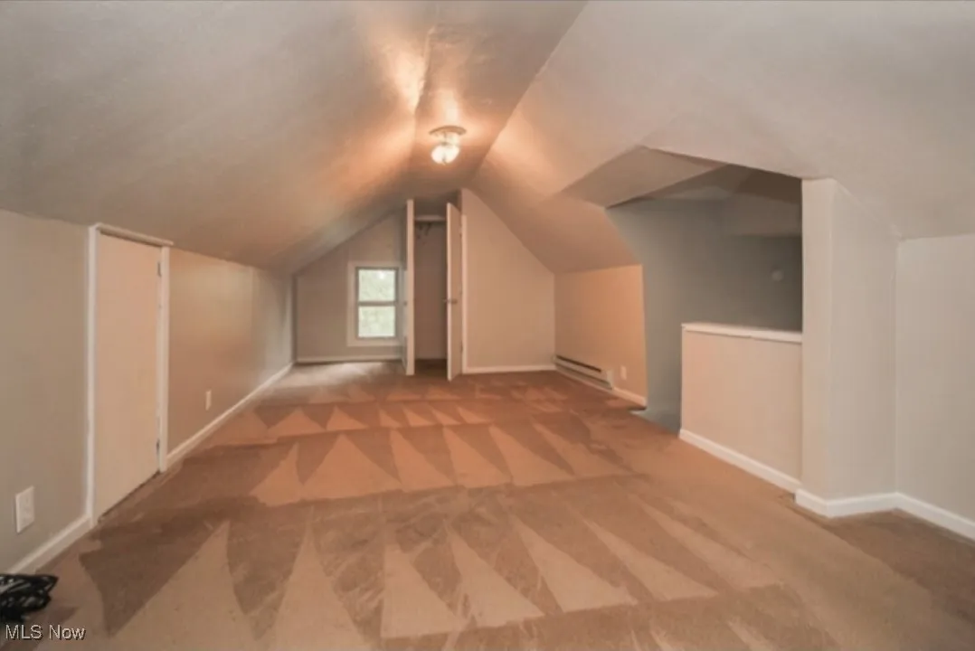 Additional living space featuring carpet, a baseboard radiator, and vaulted ceiling