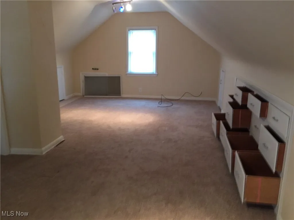 Additional living space featuring carpet and vaulted ceiling